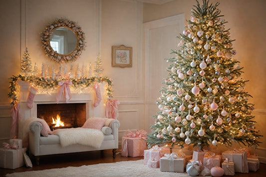 Sapin de Noël vintage orné de boules en verre soufflé transparentes, avec des guirlandes de perles et des rubans de velours, éclairé par des guirlandes lumineuses à lumière douce. Ambiance romantique et chic