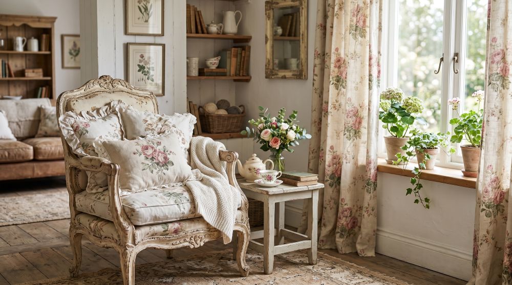 Salon shabby chic lumineux avec coussins et rideaux à imprimés floraux dans des tons pastel