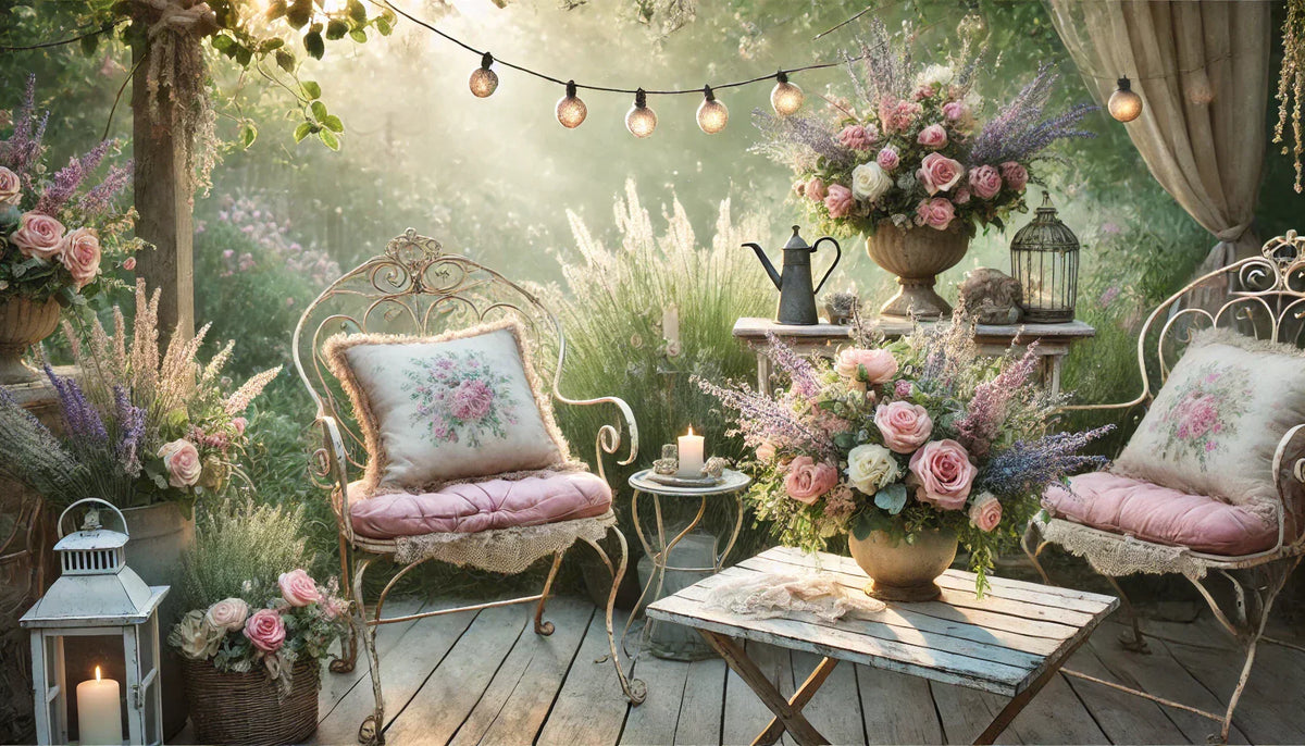 Jardin romantique au style Shabby chic avec mobilier patiné, fleurs anciennes et guirlandes lumineuses dans une ambiance douce et pastel