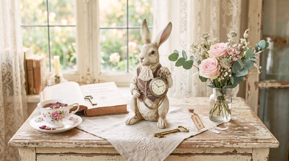 Figurine de Lapin Blanc avec montre ancienne dans une décoration féérique inspirée d’Alice au Pays des Merveilles