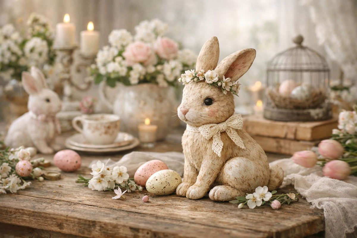 Lapin de Pâques décoratif dans un univers shabby chic printanier, symbolisant les traditions, le renouveau et la douceur de Pâques