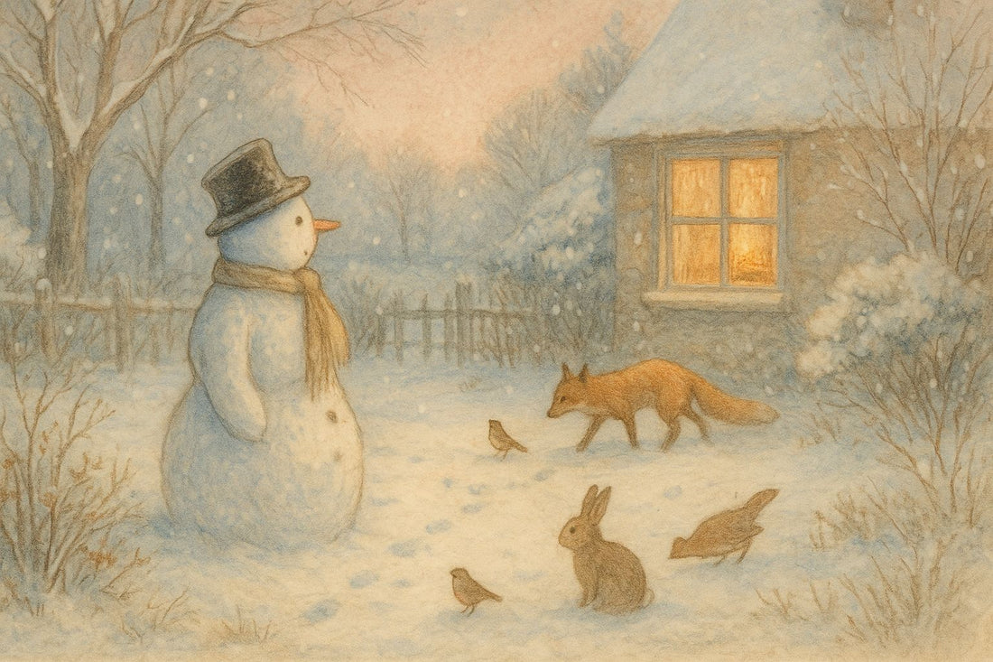 Bonhomme de neige observé par un renard, un lapin et des oiseaux dans un jardin enneigé, illustration vintage aux tons sépia et charme ancien
