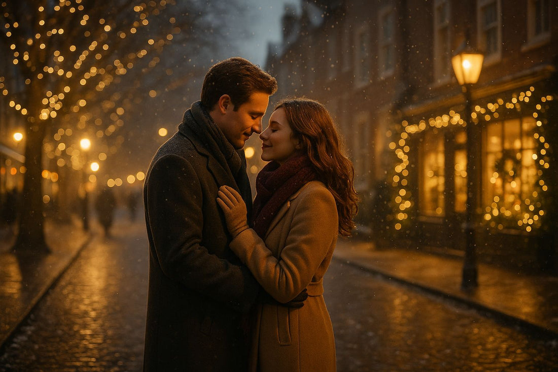 Scène romantique de Noël à Londres inspirée de Love Actually, couple se retrouvant sous la neige dans une rue illuminée, ambiance douce, féérique et cocooning
