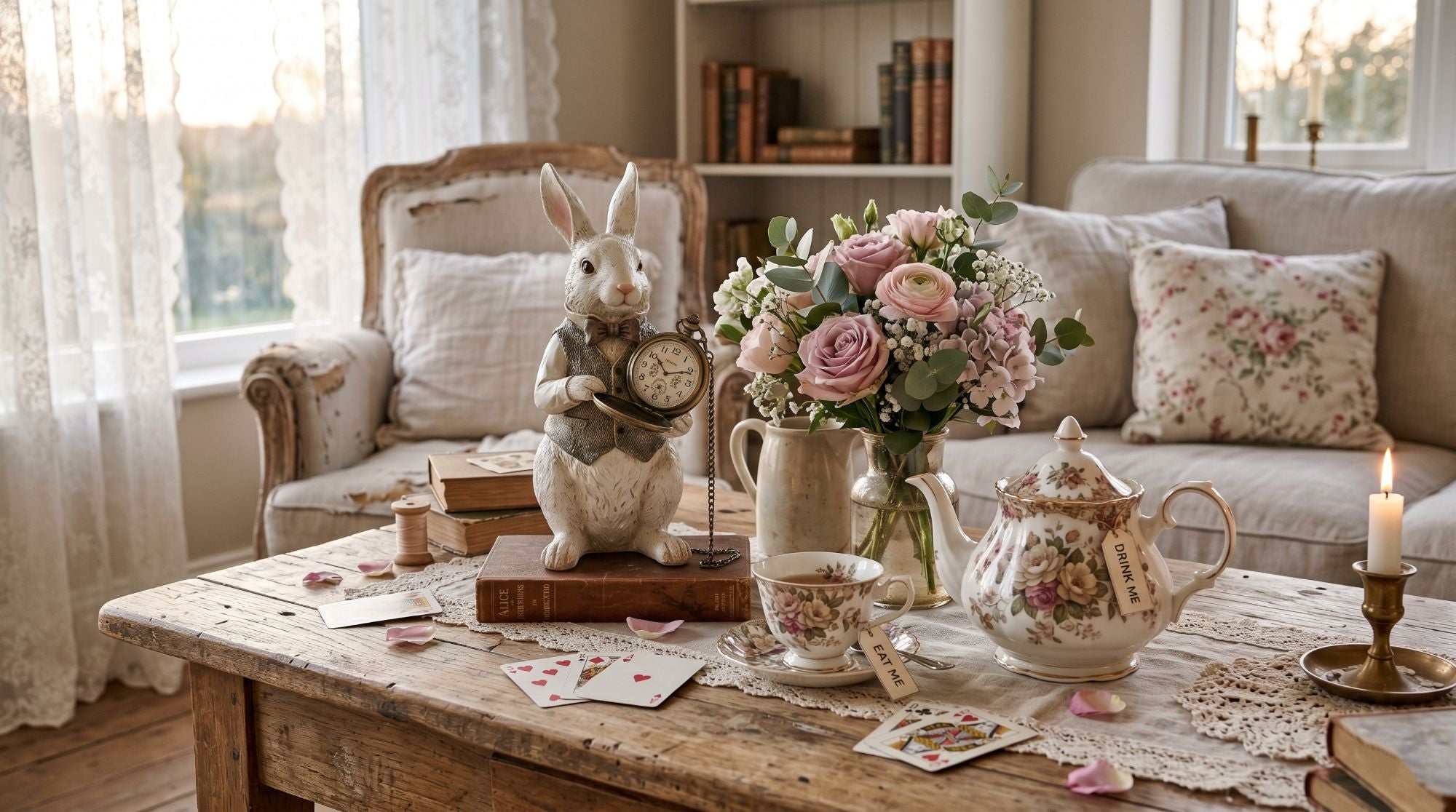 Décor Alice au Pays des Merveilles shabby chic avec lapin blanc, théière, cartes et fleurs pastel