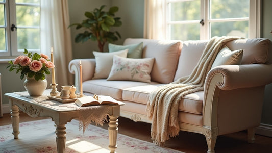 Salon Shabby chic en perspective avec canapé pastel, coussins fleuris, plaid moelleux, tapis vintage et table basse décorée, ambiance cocooning vivante