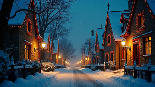 Paysage hivernal nocturne apaisant, rues enneigées baignées d’une lumière douce et chaleureuse, évoquant la quiétude et la magie intérieure de Noël