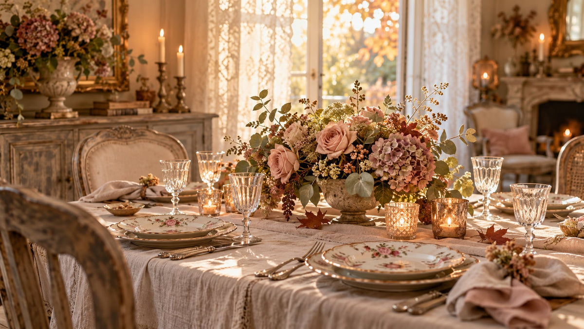 Table d’automne romantique avec nappe en lin, vaisselle vintage, fleurs pastel, feuillages doux et bougies dans une salle à manger shabby chic.