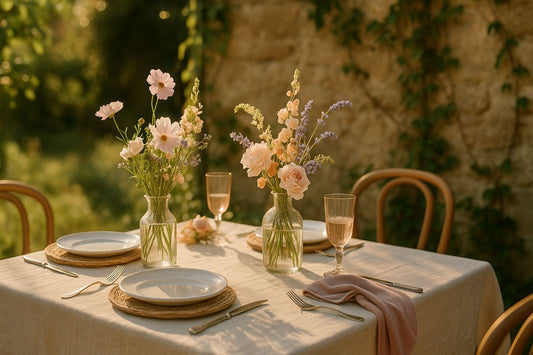 Une table de jardin élégamment dressée en été, ornée de vaisselle en céramique blanche, de lin naturel et de fleurs pastel sous une lumière dorée