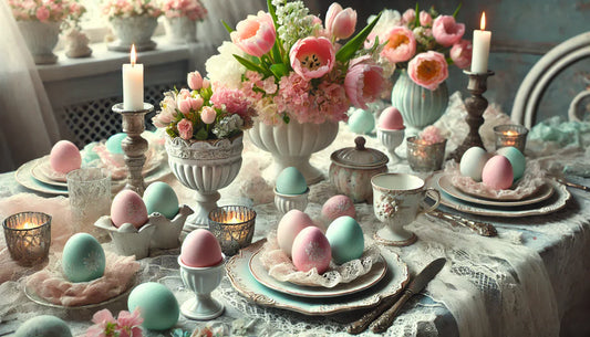 Table de Pâques décorée dans un style shabby chic avec vaisselle ancienne, œufs pastel et nappe en lin dans une ambiance romantique
