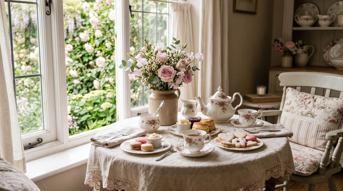 Tea time romantique inspiré des maisons anglaises avec tasses, fleurs et vaisselle délicate