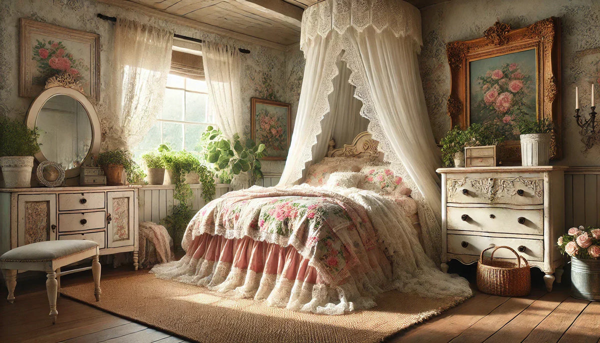 Chambre shabby chic baignée de lumière avec lit à baldaquin en dentelle, literie florale rose et crème, meubles patinés et plantes vertes dans un décor vintage romantique.
