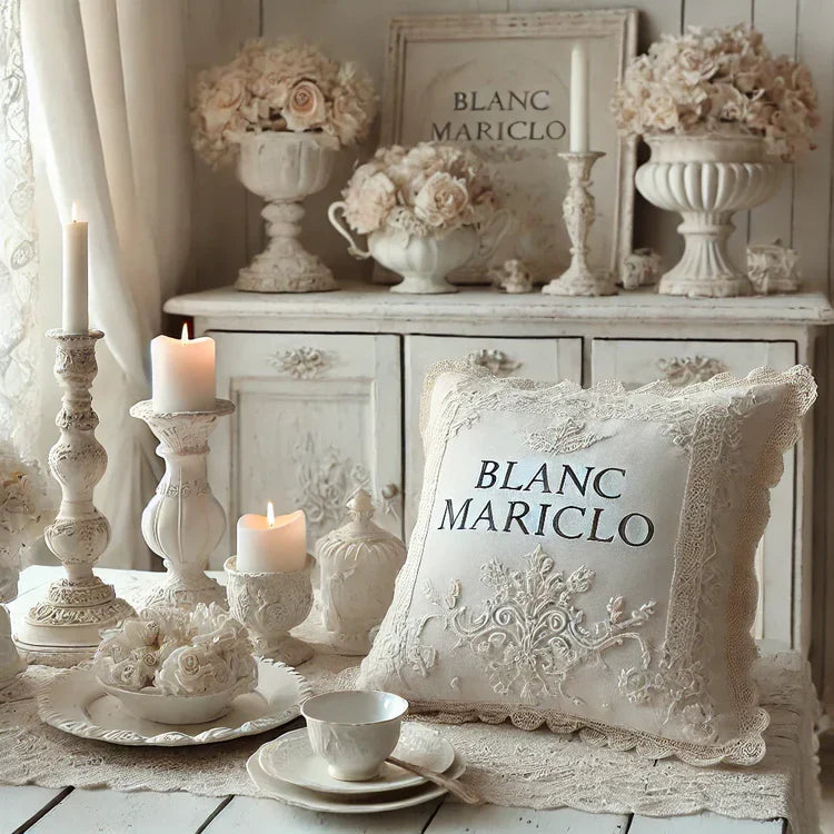 Ambiance romantique Blanc MariClò avec coussin brodé, bougeoirs shabby chic, vaisselle blanche et fleurs anciennes dans un décor raffiné