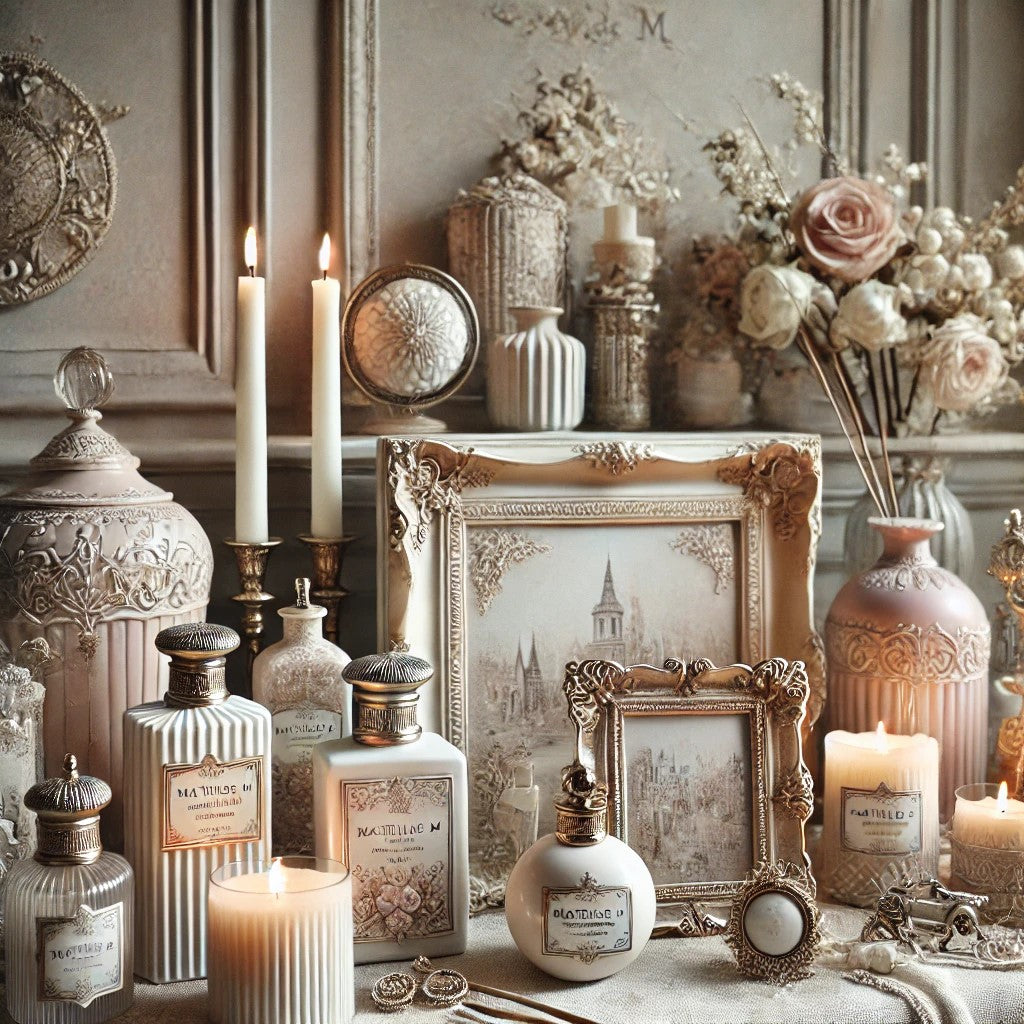 Affichage shabby chic de cadeaux décoratifs en tons pastel avec dentelle, bois rustique et céramiques élégantes. Ambiance romantique et vintage, parfaite pour des idées cadeaux dans un style élégant et nostalgique.