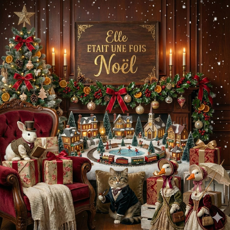 Illustration féérique pour la collection Elle Etait Une Fois Noël : ambiance victorienne traditionnelle avec un grand sapin décoré, des cadeaux et d'adorables animaux costumés