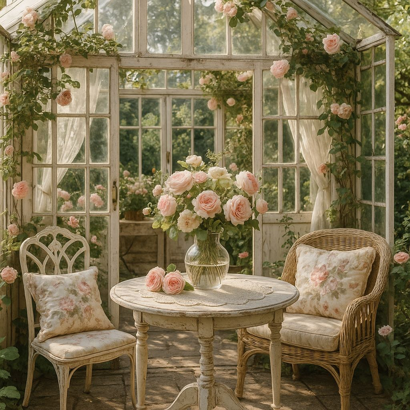 Serre romantique décorée de rosiers grimpants, table ronde avec napperon et vase de fleurs fraîches, deux chaises fleuries dans une lumière douce de fin d’après-midi