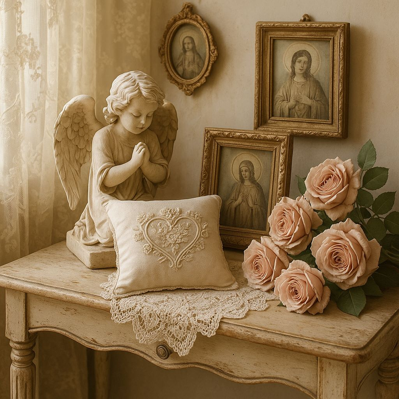 Console shabby chic avec ange en prière, coussin brodé, napperon dentelle, roses anciennes et cadres spirituels discrets dans une lumière douce et dorée
