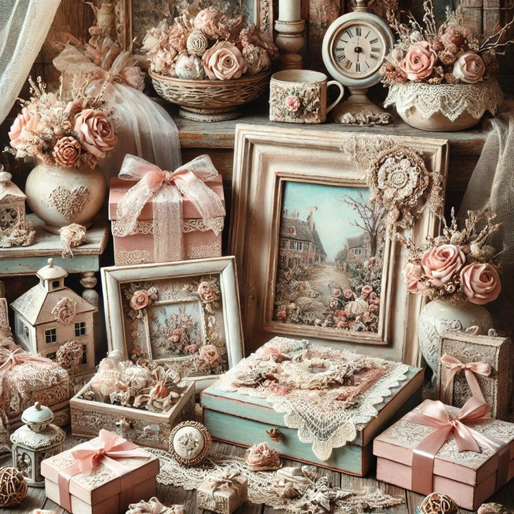 Affichage vintage d'idées cadeaux shabby chic avec objets en tons pastel, dentelle, cadres en bois rustique et céramiques. Style romantique avec motifs floraux et bois vieilli, idéal pour des cadeaux décoratifs dans un intérieur romantique ou vintage.