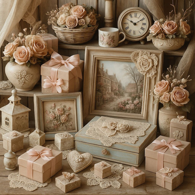 Abondante mise en scène shabby chic avec cadres, boîtes à bijoux, bouquets pastel, dentelles, lanternes et cadeaux vintage dans une ambiance boisée, douce et romantique.
