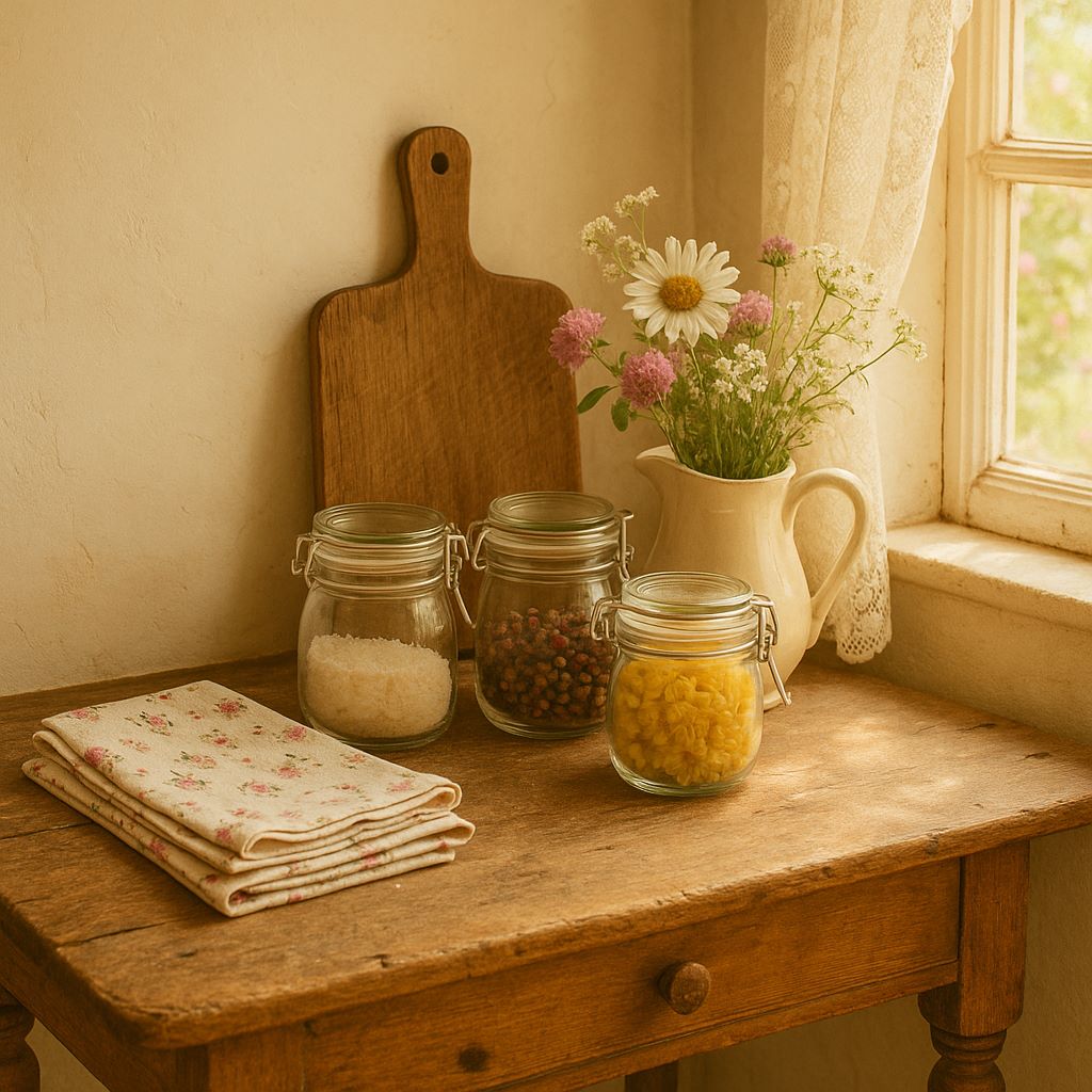Coin de cuisine vintage avec rideaux en dentelle, table ancienne en bois, bocaux en verre, torchons fleuris, planche rustique et bouquet printanier dans un pichet en céramique.