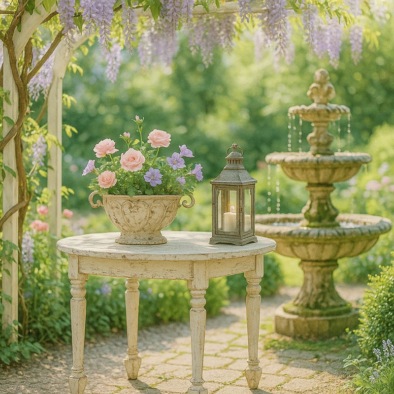 Table shabby chic blanche à quatre pieds sous pergola ornée de glycines, avec jardinière fleurie, lanterne vintage et fontaine romantique en pierre, dans un jardin lumineux printanier.