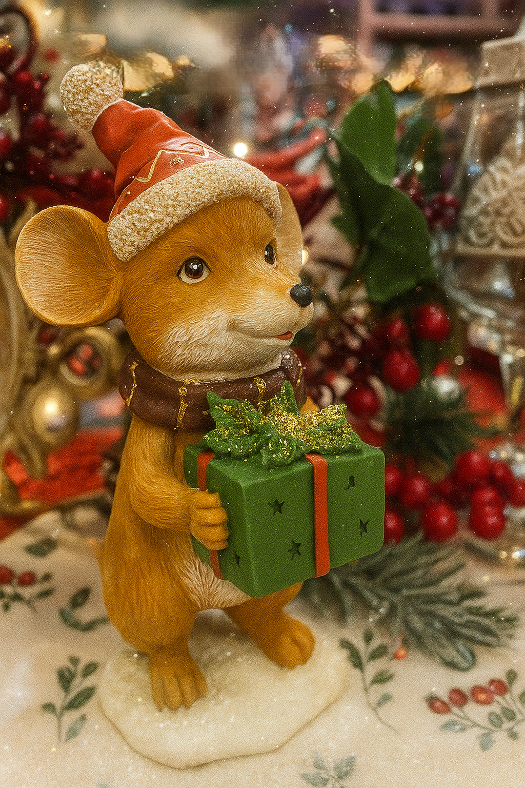 Figurine Souris de Noël au Cadeau, bonnet rouge pailleté et présent vert, décoration féérique et shabby chic de 20 cm