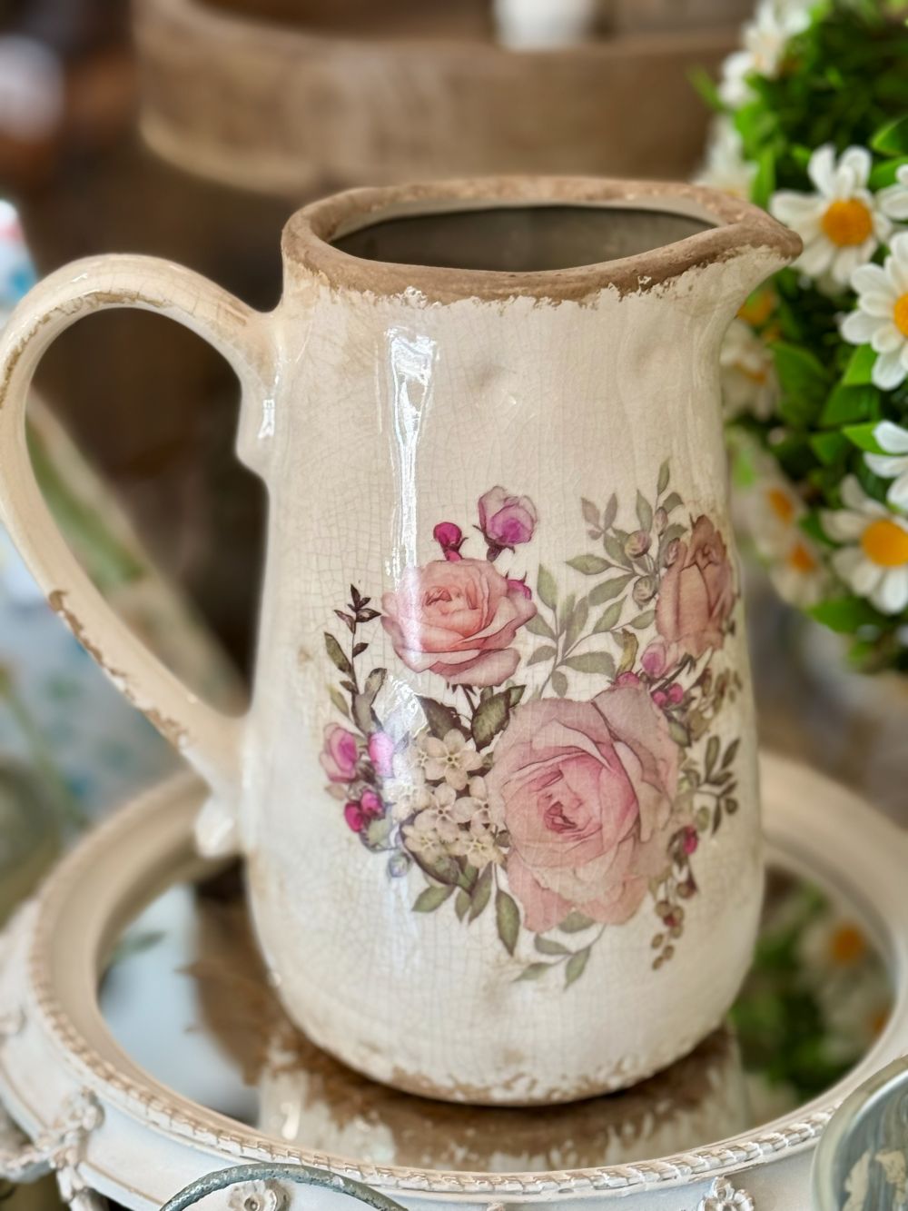 Pichet décoratif “Roses Anglaises” blanc cassé rose vert décor shabby chic romantique