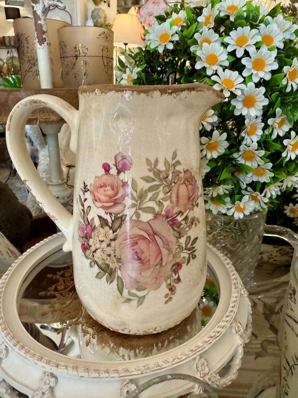 Pichet décoratif “Roses Anglaises” blanc cassé rose vert décor shabby chic romantique