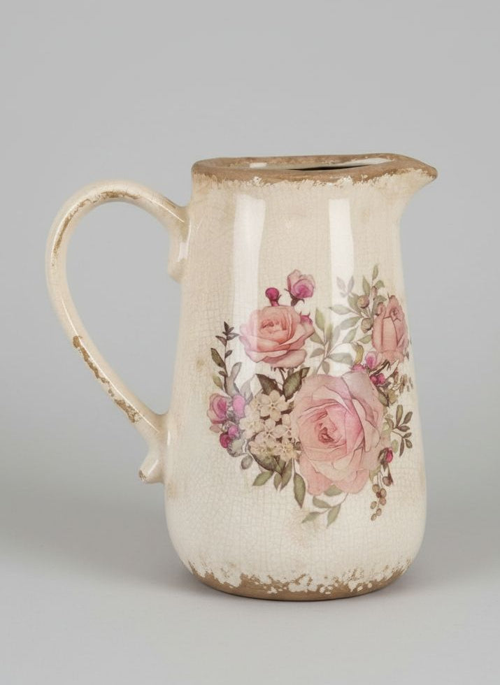 Pichet décoratif “Roses Anglaises” blanc cassé rose vert décor shabby chic romantique