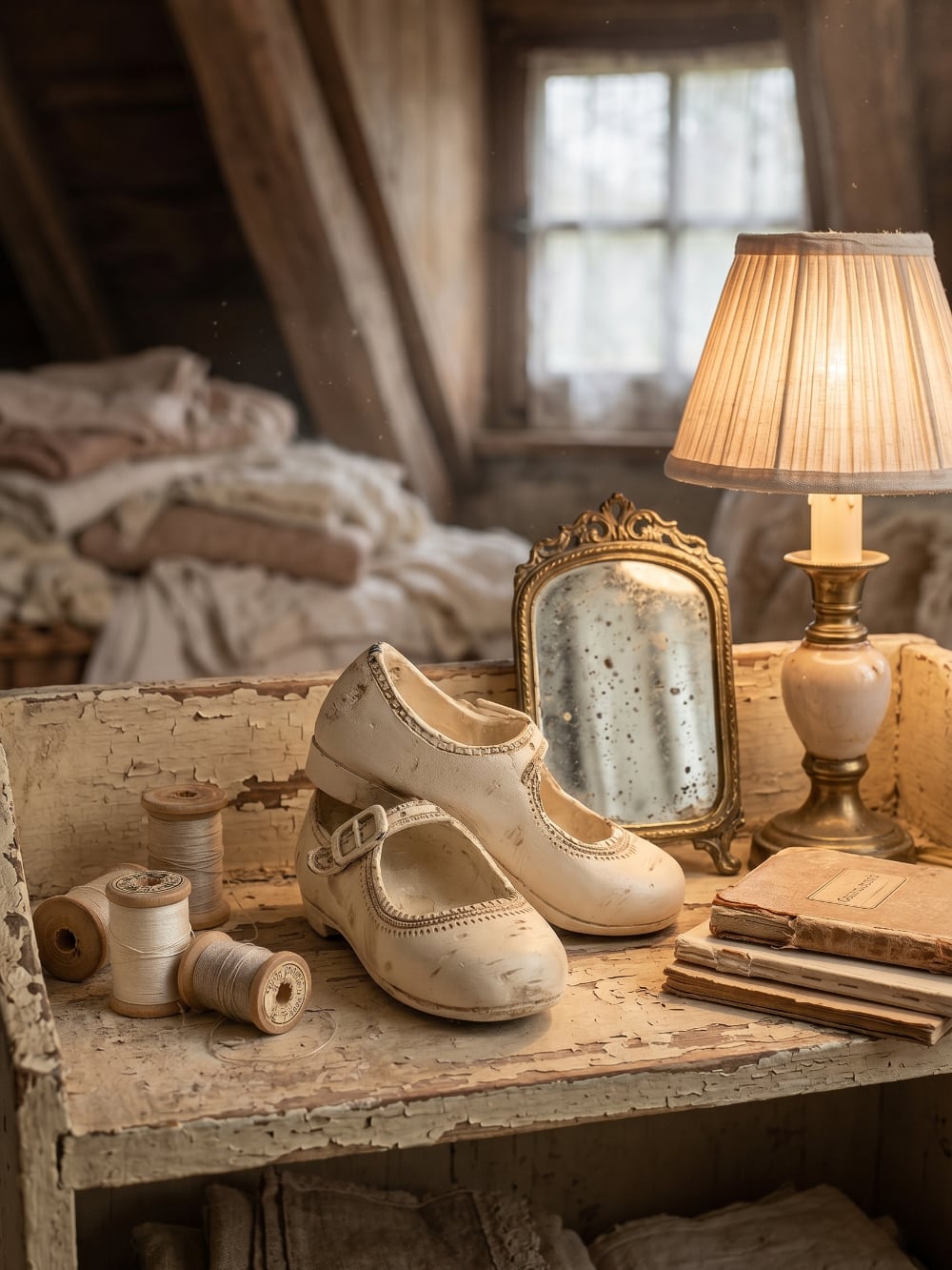 Petits souliers décoratifs d’antan en tonalités douces, accessoires de décoration au style romantique et shabby chic, parfaits pour une ambiance poétique et chaleureuse