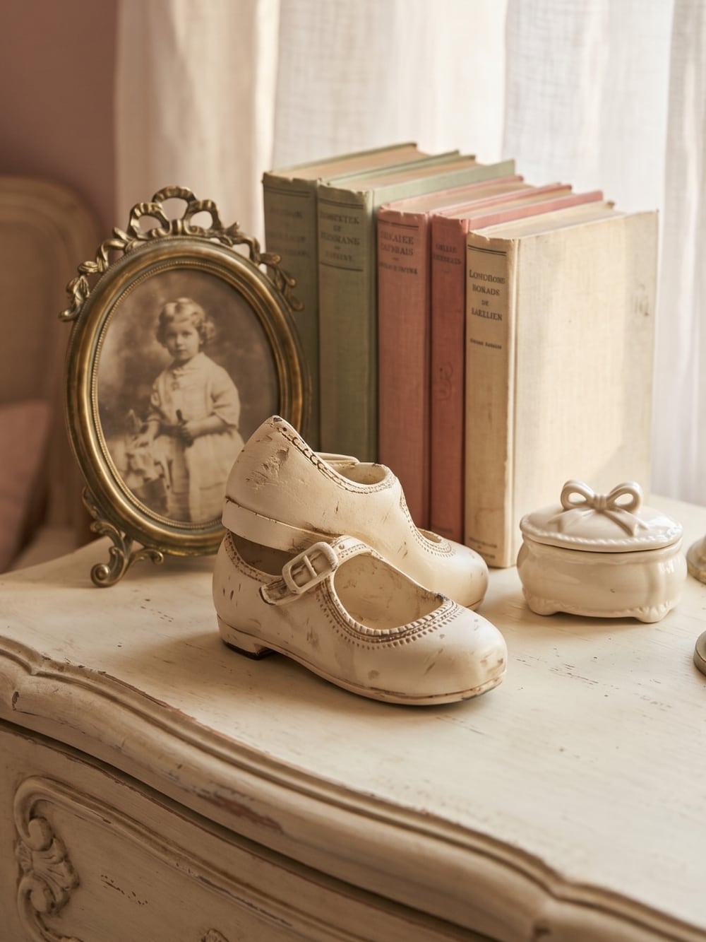 Petits souliers décoratifs d’antan en tonalités douces, accessoires de décoration au style romantique et shabby chic, parfaits pour une ambiance poétique et chaleureuse