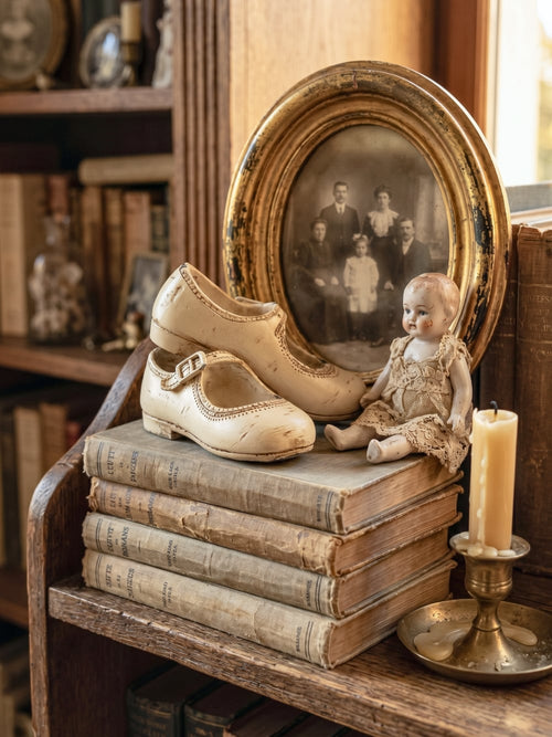 Petits souliers décoratifs d’antan en tonalités douces, accessoires de décoration au style romantique et shabby chic, parfaits pour une ambiance poétique et chaleureuse