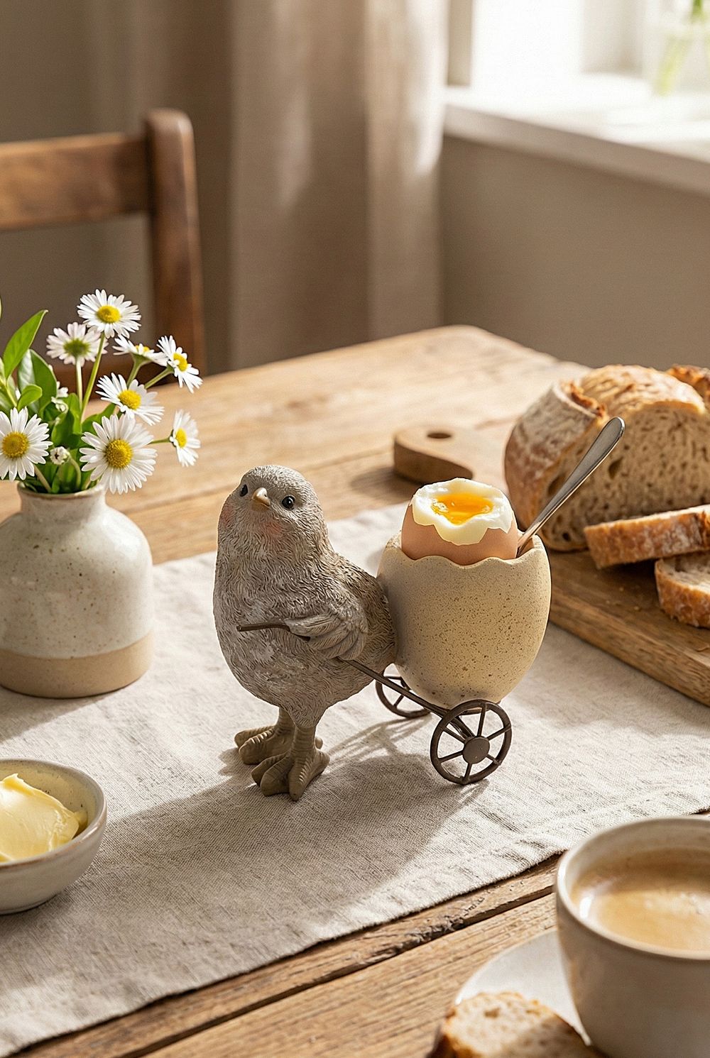 Coquetier de table printanier avec petit poussin tirant une coquille d’œuf style brouette en décoration shabby chic blanc cassé beige gris, accessoire de petit-déjeuner champêtre