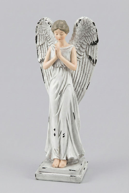 Figurine ange en prière décorative blanc patiné, ailes déployées, style shabby chic romantique et poétique, décoration de charme esprit féérique