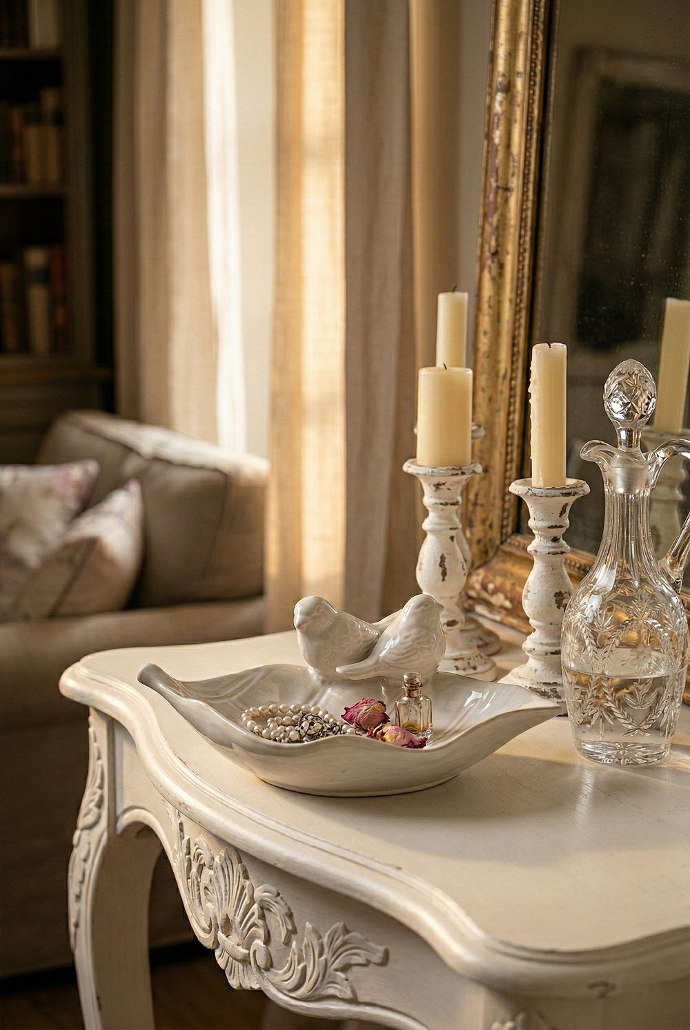 Bain d’oiseaux en faïence blanc ivoire en forme de feuille avec deux oiseaux décoratifs, style romantique shabby chic, ambiance printemps fleuri et décoration de charme