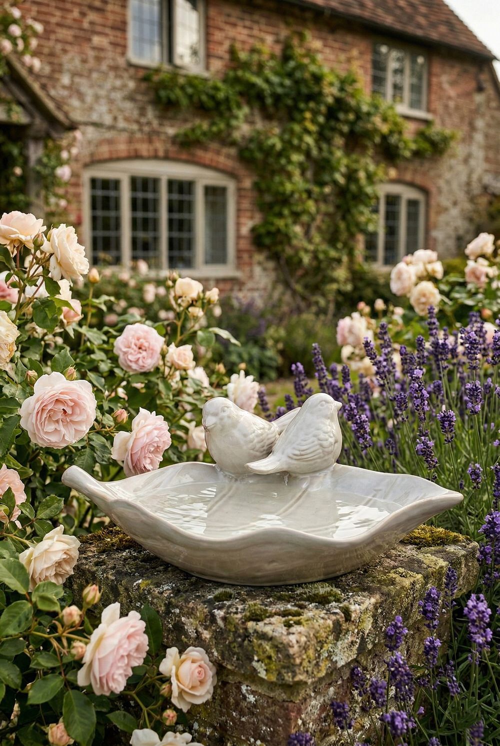 Bain d’oiseaux en faïence blanc ivoire en forme de feuille avec deux oiseaux décoratifs, style romantique shabby chic, ambiance printemps fleuri et décoration de charme
