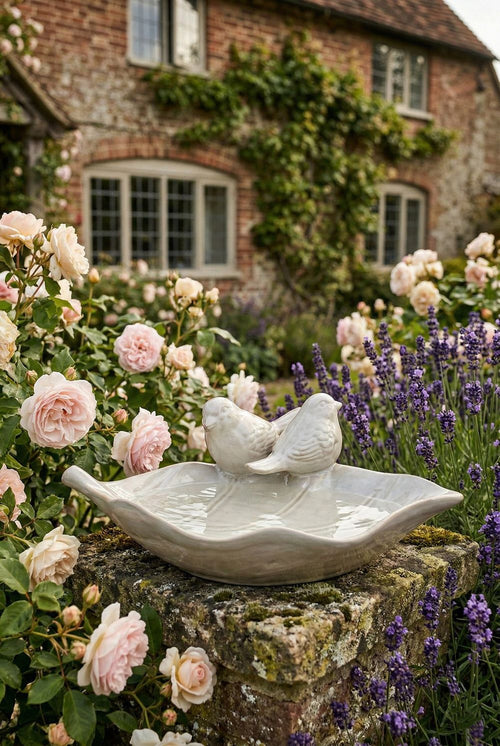 Bain d’oiseaux en faïence blanc ivoire en forme de feuille avec deux oiseaux décoratifs, style romantique shabby chic, ambiance printemps fleuri et décoration de charme
