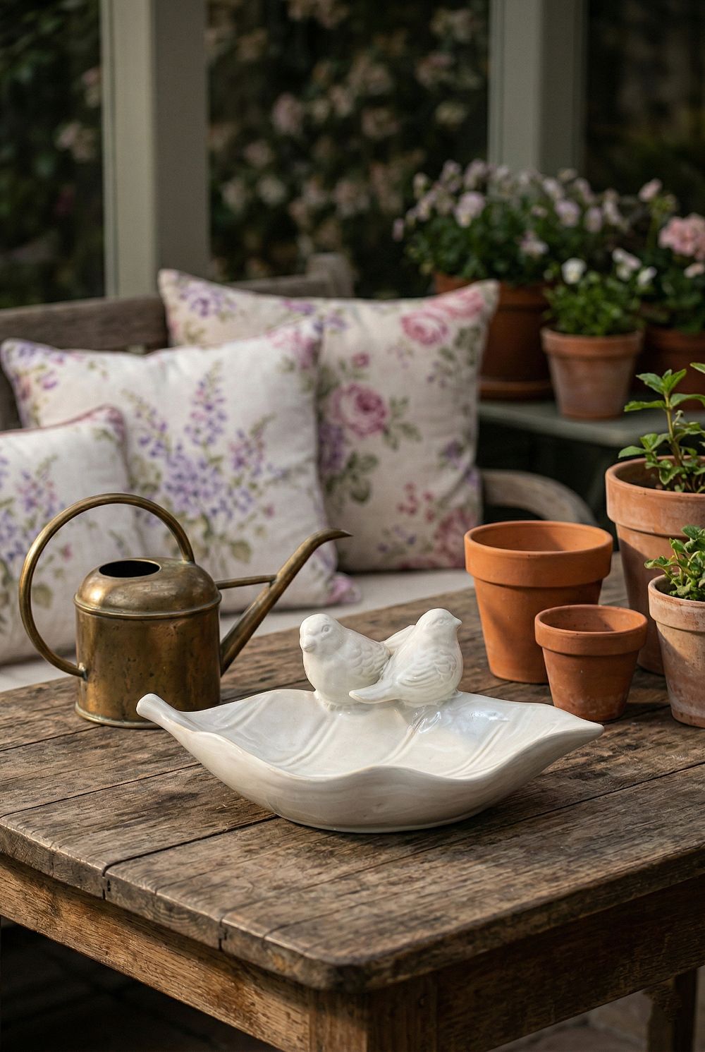 Bain d’oiseaux en faïence blanc ivoire en forme de feuille avec deux oiseaux décoratifs, style romantique shabby chic, ambiance printemps fleuri et décoration de charme