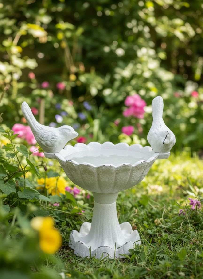 Petit bassin d’abreuvement en fonte blanche patinée avec deux oiseaux décoratifs, style romantique et shabby chic, pour jardin poétique