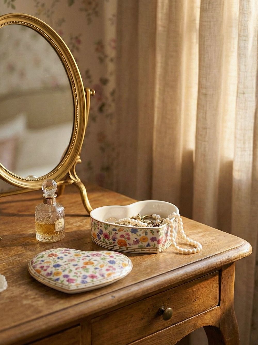 Boîte à bijoux en porcelaine en forme de cœur 13x13 cm, décor floral multicolore sur fond blanc, style décoration romantique shabby chic, ambiance maison de charme et poétique