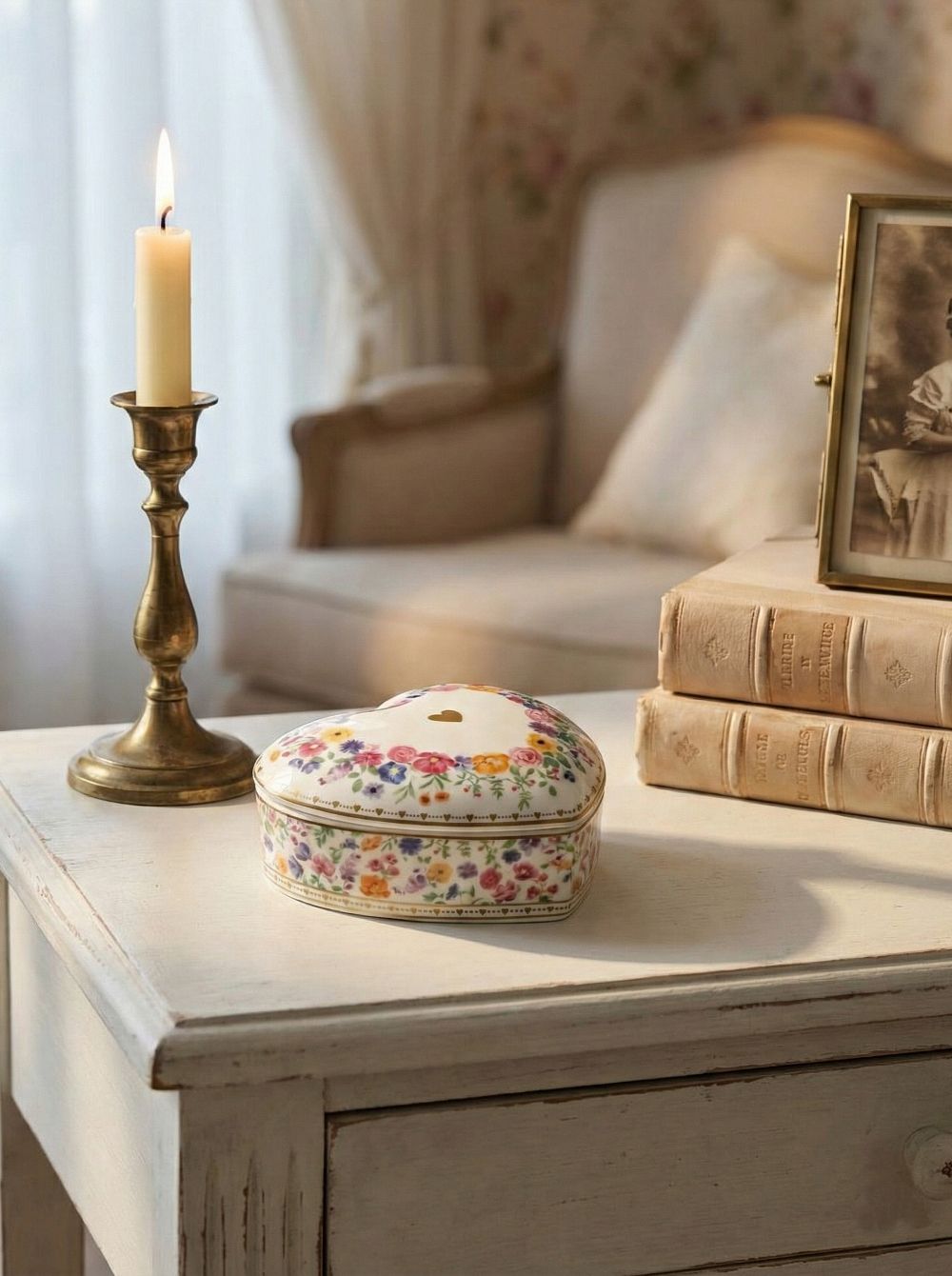 Boîte à bijoux en porcelaine en forme de cœur 13x13 cm, décor floral multicolore sur fond blanc, style décoration romantique shabby chic, ambiance maison de charme et poétique