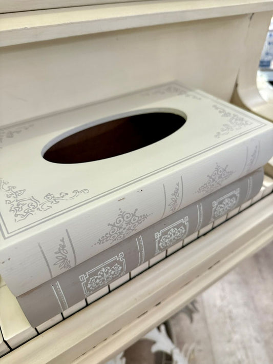 Boîte à mouchoirs en bois imitation livres anciens, couleurs crème et gris perle, style bibliothèque shabby chic pour une décoration romantique et élégante