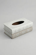 Boîte à mouchoirs en bois imitation livres anciens, couleurs crème et gris perle, style bibliothèque shabby chic pour une décoration romantique et élégante