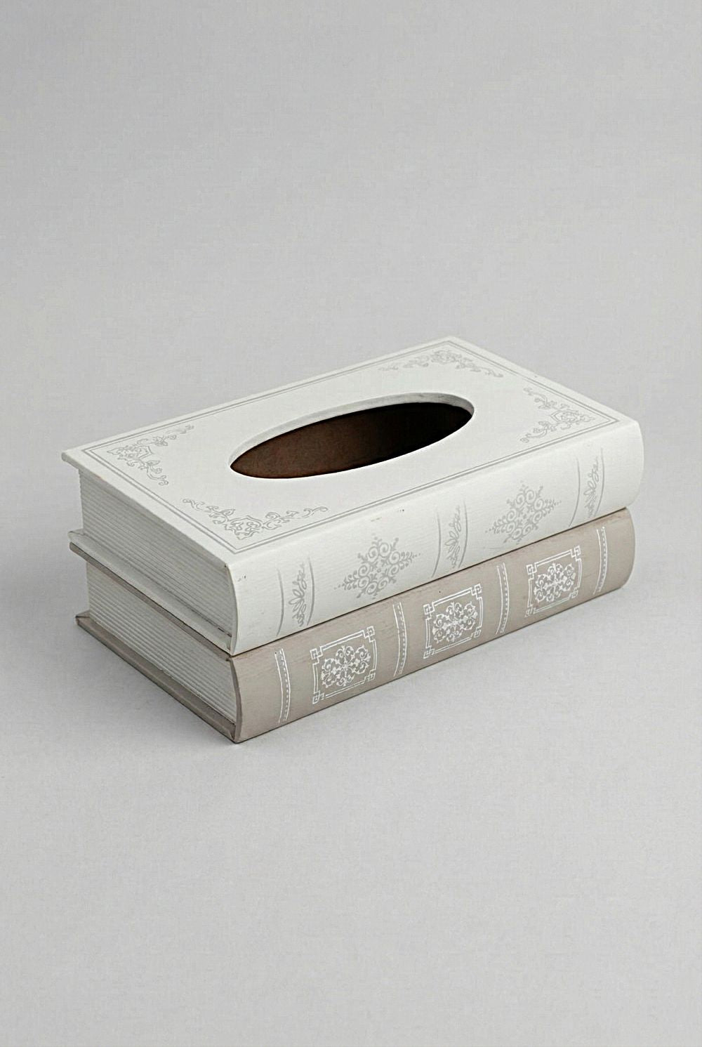 Boîte à mouchoirs en bois imitation livres anciens, couleurs crème et gris perle, style bibliothèque shabby chic pour une décoration romantique et élégante