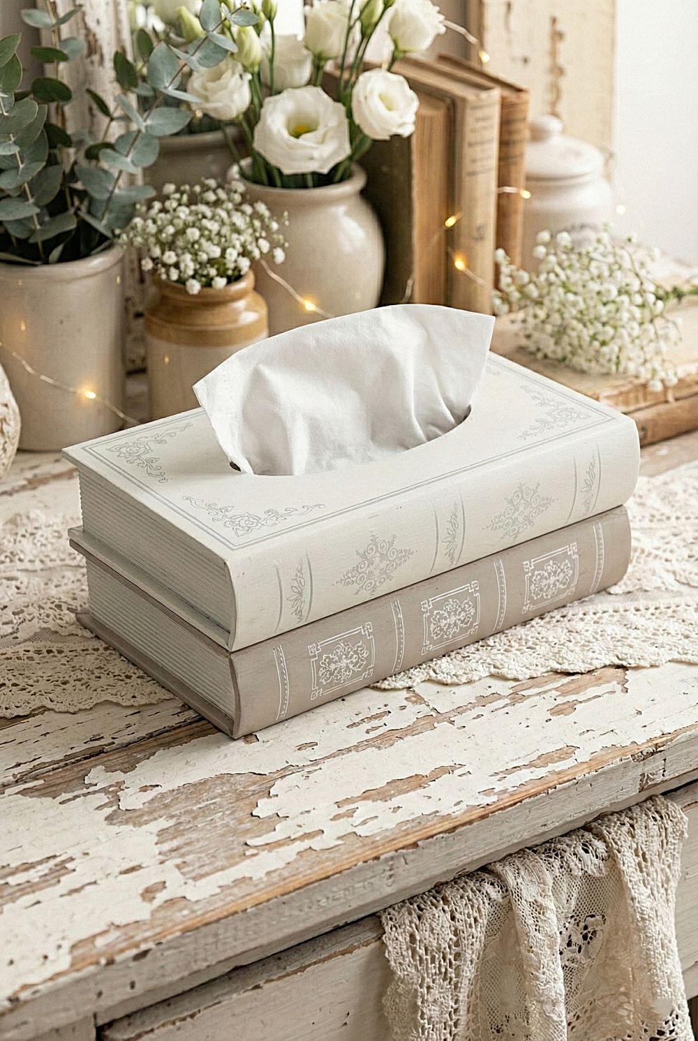 Boîte à mouchoirs en bois imitation livres anciens, couleurs crème et gris perle, style bibliothèque shabby chic pour une décoration romantique et élégante