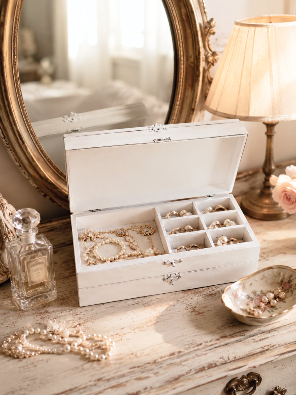 Boîte à bijoux shabby chic en bois blanc patiné avec compartiments de rangement, décoration romantique pour coiffeuse ou chambre