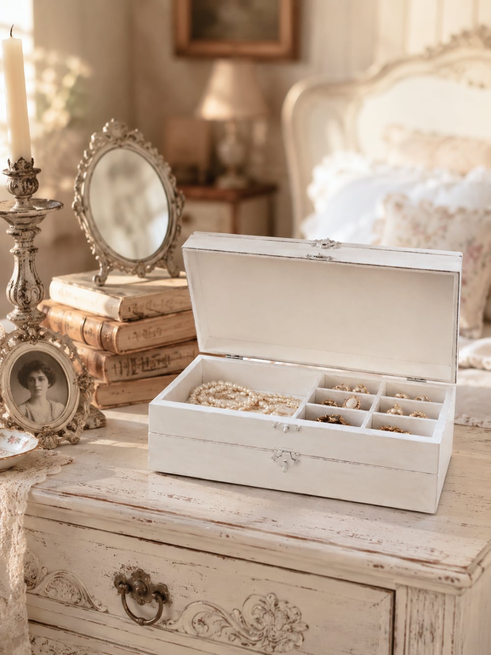 Boîte à bijoux shabby chic en bois blanc patiné avec compartiments de rangement, décoration romantique pour coiffeuse ou chambre