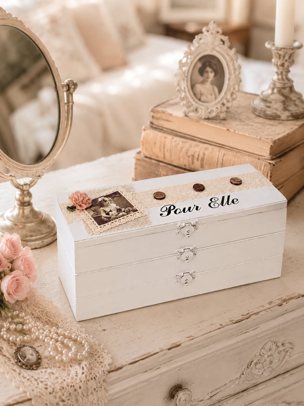 Boîte à bijoux shabby chic en bois blanc patiné avec compartiments de rangement, décoration romantique pour coiffeuse ou chambre