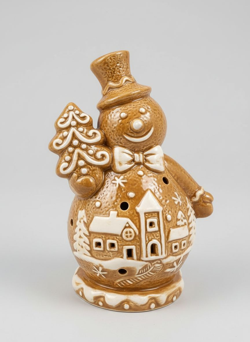 Figurine bonhomme de neige style biscuit en porcelaine beige, blanc et doré, 17 cm, ambiance féérique et shabby chic avec décor sculpté de village enneigé