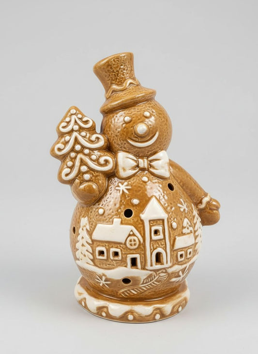 Figurine bonhomme de neige style biscuit en porcelaine beige, blanc et doré, 17 cm, ambiance féérique et shabby chic avec décor sculpté de village enneigé
