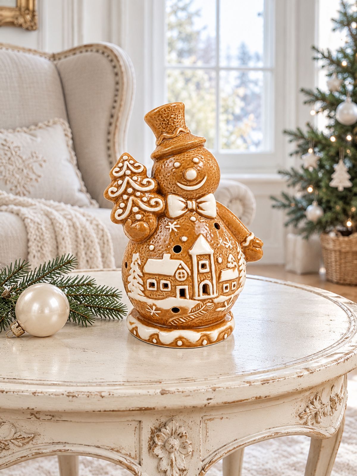 Bonhomme de neige Biscuit sur un guéridon patiné dans un salon lumineux, avec une bergère crème et un sapin de Noël en arrière-plan.